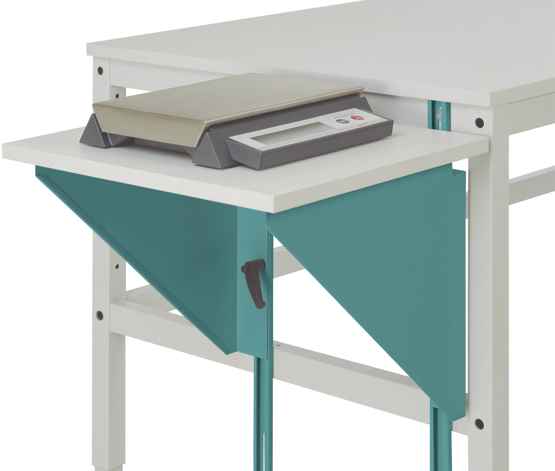 Eine Waage auf einem stabilen Tisch mit türkisfarbenen Metallstützen. Die Waage ist flach, rechteckig und elektronisch.