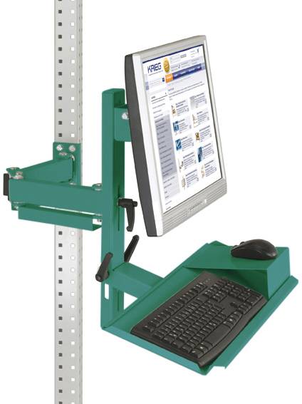 Ein grüner, höhenverstellbarer Monitorarm mit Arbeitsfläche. Er hält einen aufrechten Monitor, eine Tastatur und eine Maus.