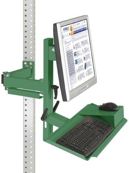 Ein grüner, verstellbarer Wandhalter für einen Computerbildschirm mit angeschlossener Tastatur und Maus, an einer Metallstange montiert.