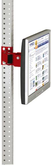Seitenansicht eines Monitors, der an einer roten Halterung an einem vertikalen Gestell montiert ist. Auf dem Bildschirm ist eine Webseite geöffnet.