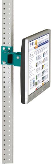 Ein Monitor ist an einer vertikalen Metallstrebe befestigt. Der Monitor zeigt die Webseite einer Organisation, die als 'Kreus' erkennbar ist.