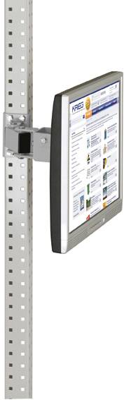 Ein Flachbildschirm ist seitlich an einer vertikalen, gelochten Metallschiene montiert und zeigt eine Webseite an.