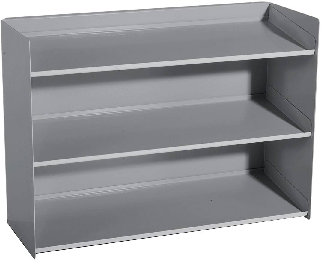 Graues, dreistufiges Metallregal, leer.