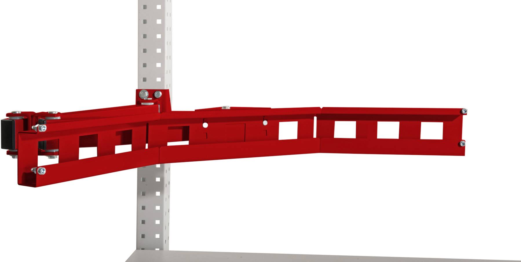 Eine rote Verlängerungsstruktur ist an einem perforierten Metallpfosten montiert. Sie erstreckt sich horizontal in den Raum.
