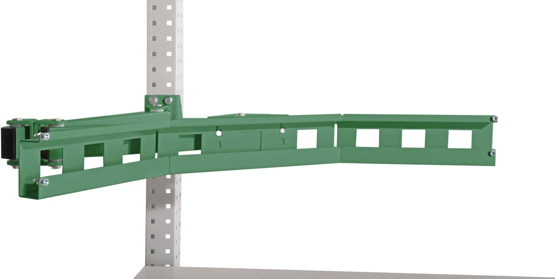 Ein grüner, verstellbarer Haltearm ist an einer perforierten Metallschiene befestigt. Der Arm hat mehrere Gelenke zur Flexibilität.