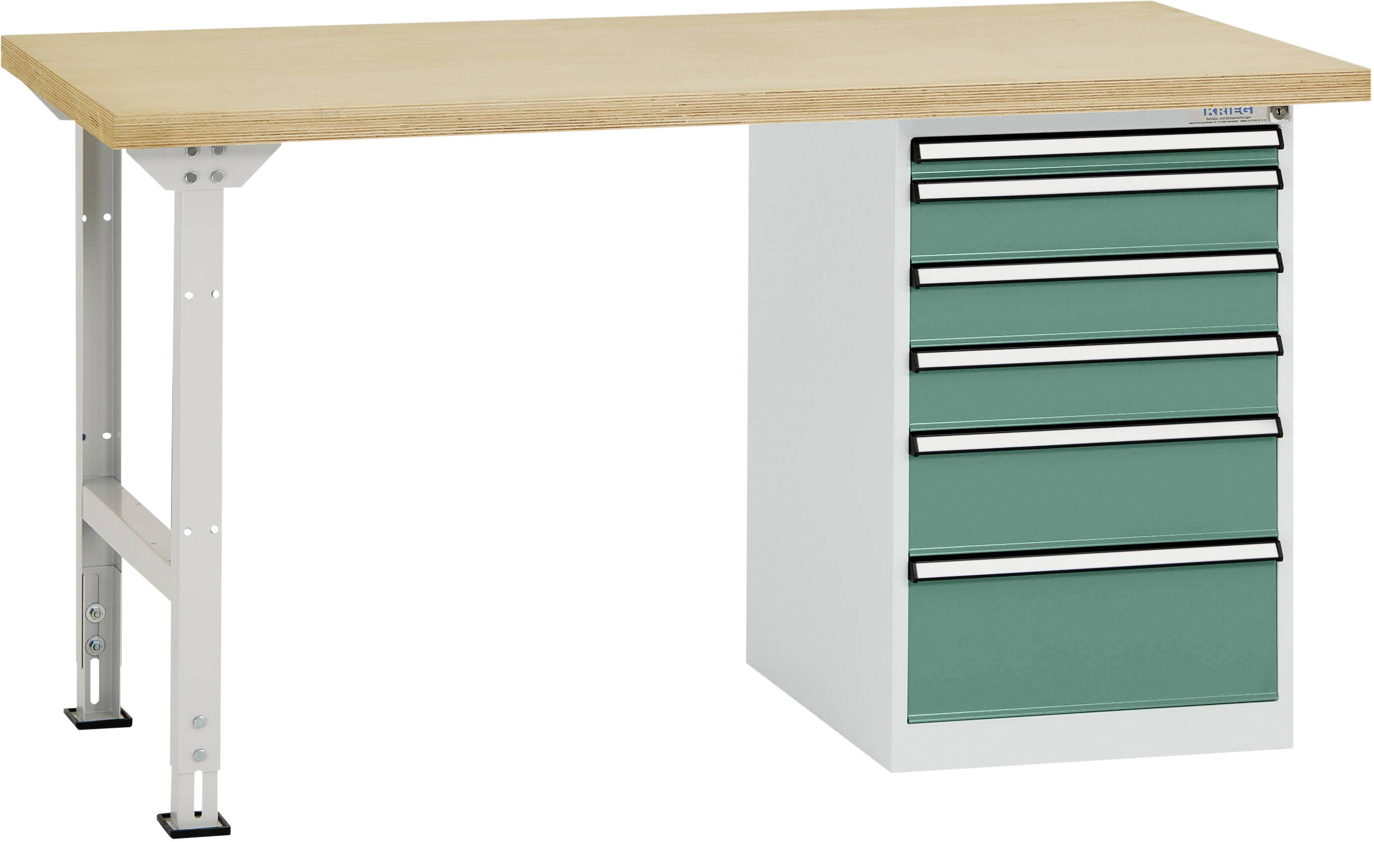 Ein Arbeitstisch mit einer Holzplatte und sechs grünen, schubladenartigen Fächern auf der rechten Seite. Geeignet für Werkstattarbeiten.