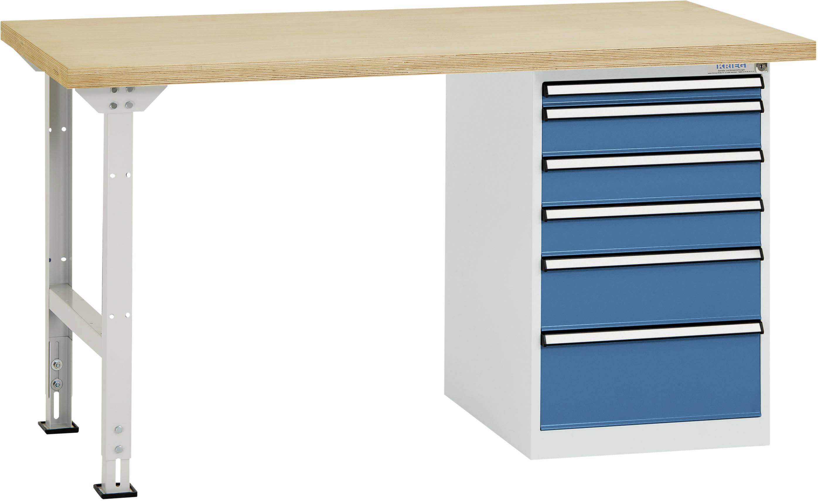 Ein Werkbanktisch mit Holzplatte und blauer Schubladenleiste auf der rechten Seite, geeignet für Werkstattarbeiten.