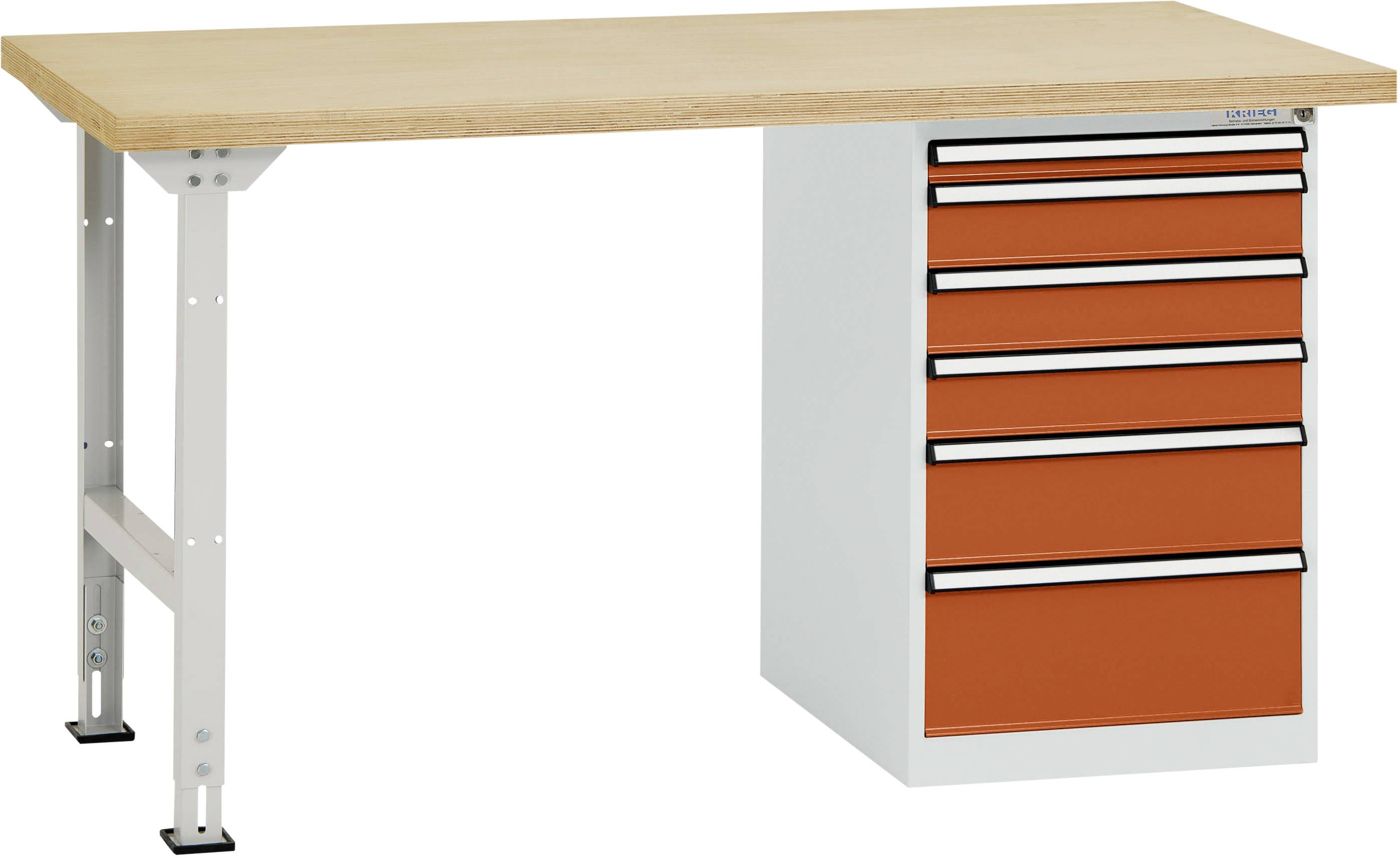 Werkbank mit hölzerner Tischplatte und einem Schubladenschrank darunter. Der Schrank hat sechs rote Schubladen.