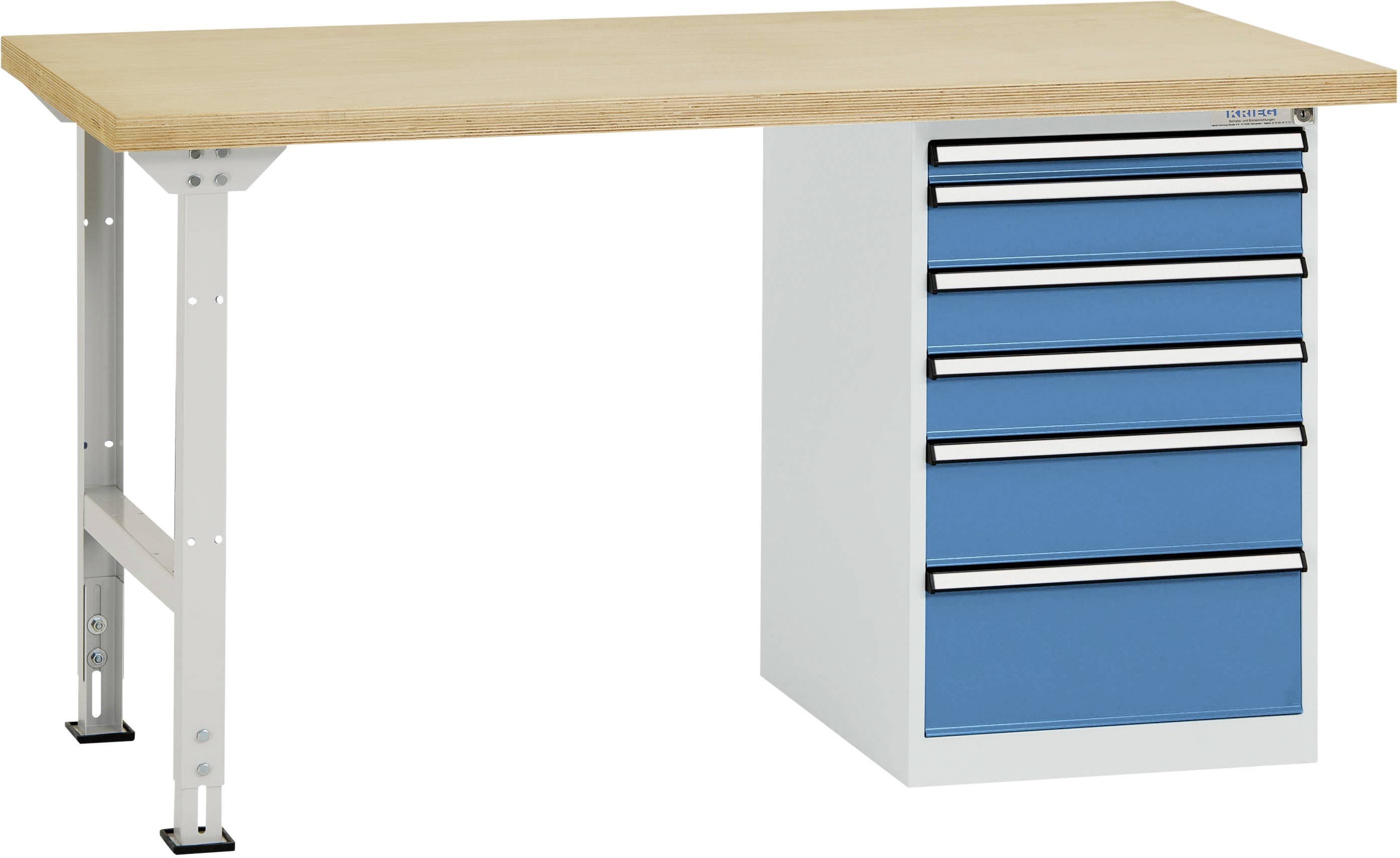 Ein Arbeitstisch mit Holzplatte und einem integrierten blauen Schubladenschrank auf der rechten Seite.
