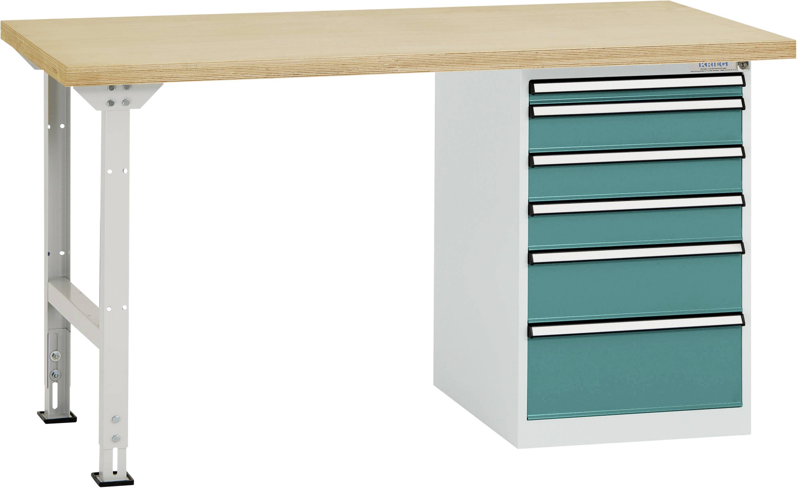 Werkbank mit hellem Holzplatten-Oberteil und einer blauen Schubladeneinheit an der rechten Seite. Geeignet für Werkstattarbeiten.