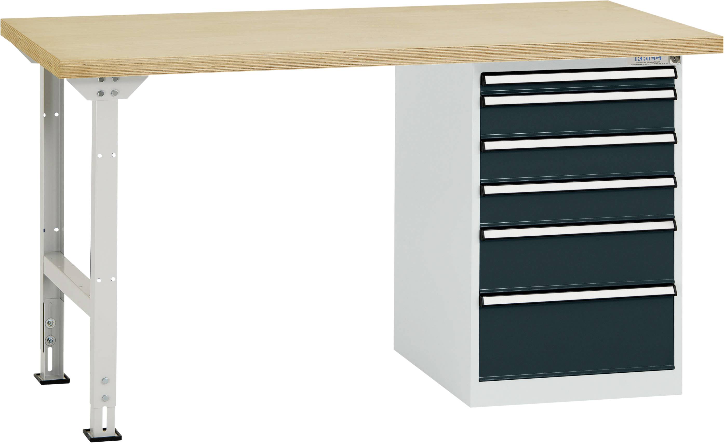 Ein stabiler Arbeitstisch mit einer Holzplatte und einem rechtsseitigen Schubladenschrank mit sechs Schubladen.