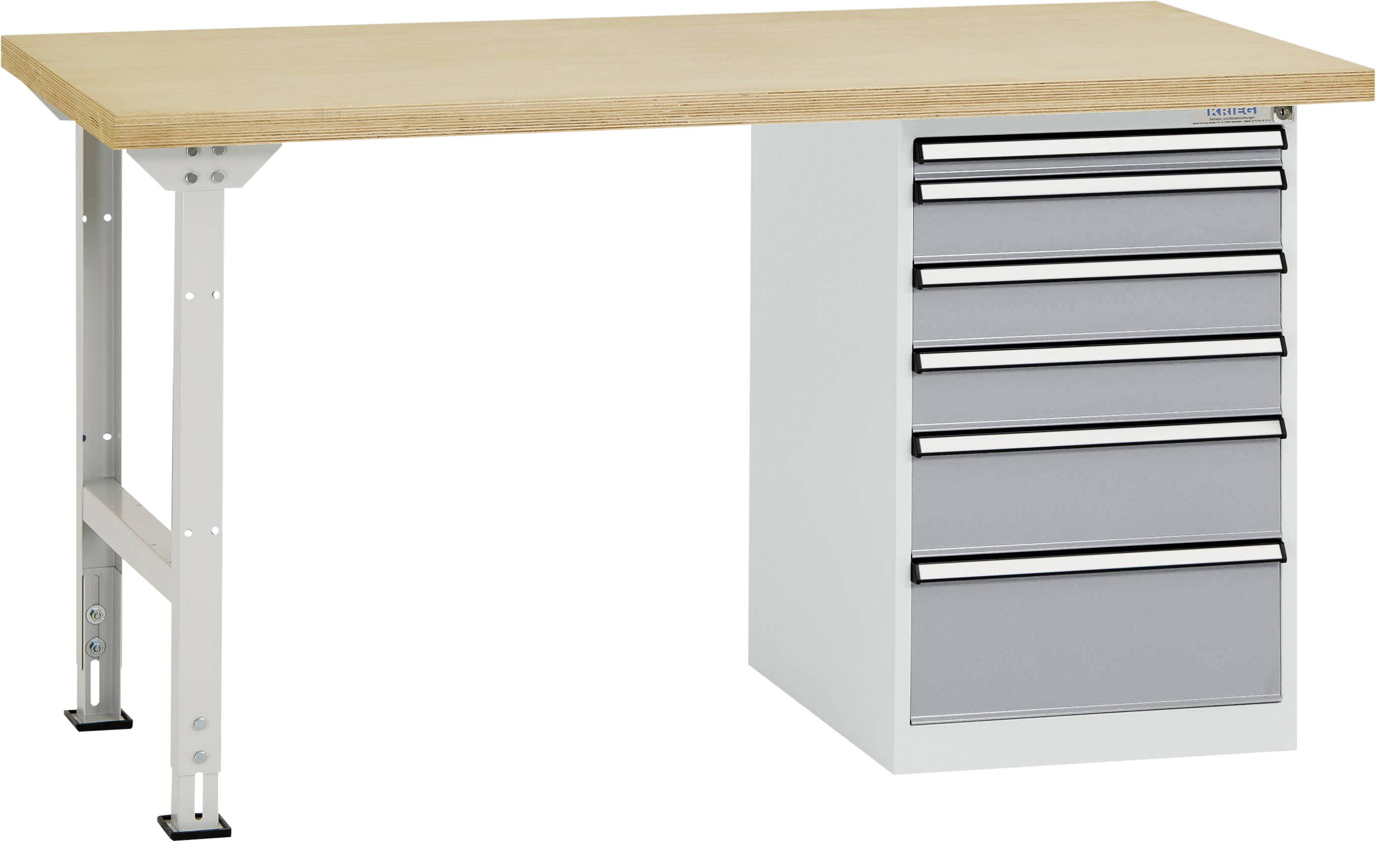 Werkbank mit Holztischplatte auf Metallbeinen, rechts ein Schubladenschrank mit sechs Schubladen.