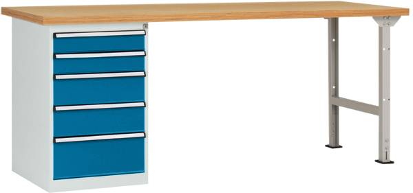 Ein rechteckiger Tisch mit einer Holztischplatte, links fünf blauen Schubladen und stabilen Metallbeinen. Geeignet für Büros oder Werkstätten.