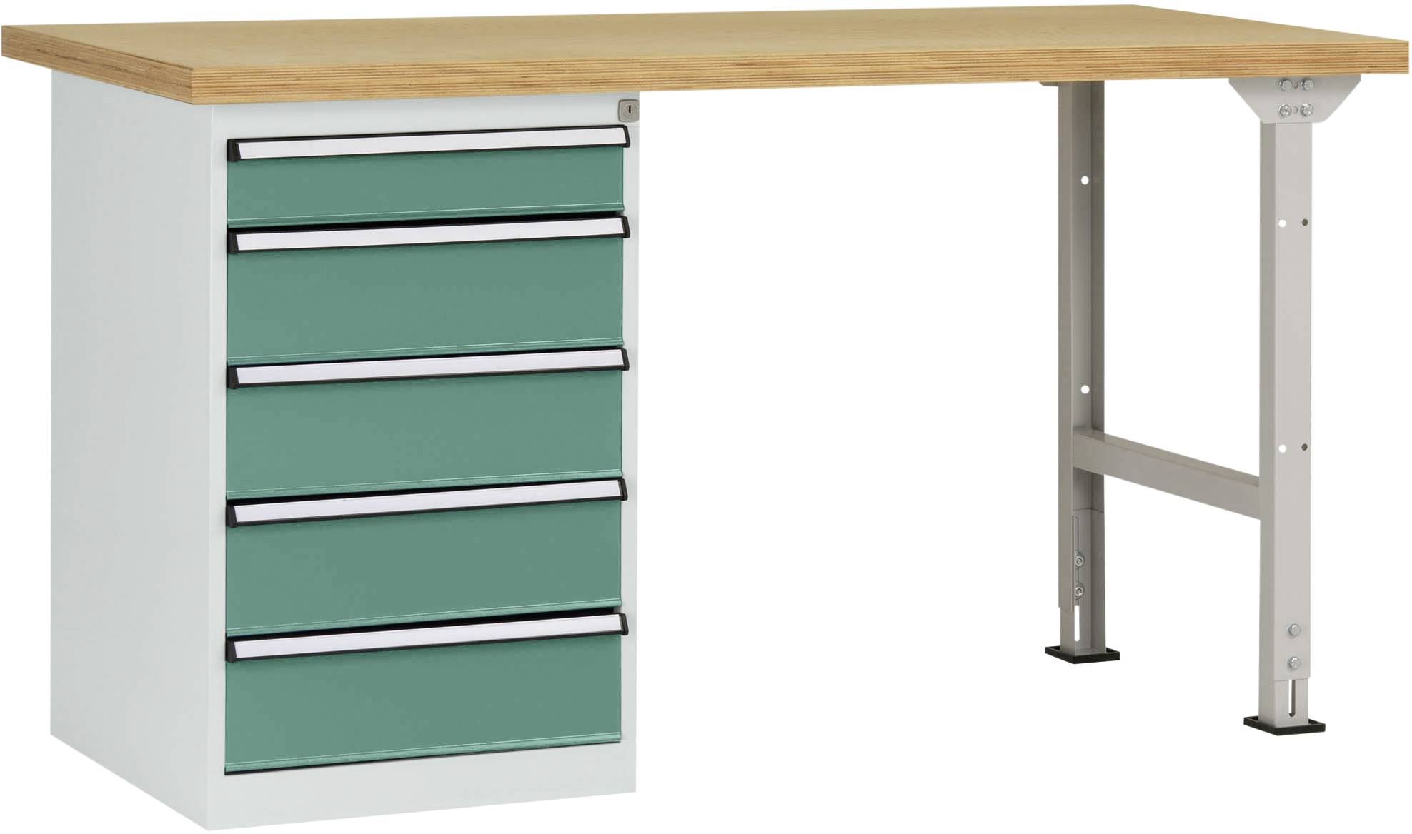 Ein Schreibtisch mit Holzplatte und Metallgestell, links fünf grüne Schubladen. Geeignet für Büro- oder Werkstattgebrauch.