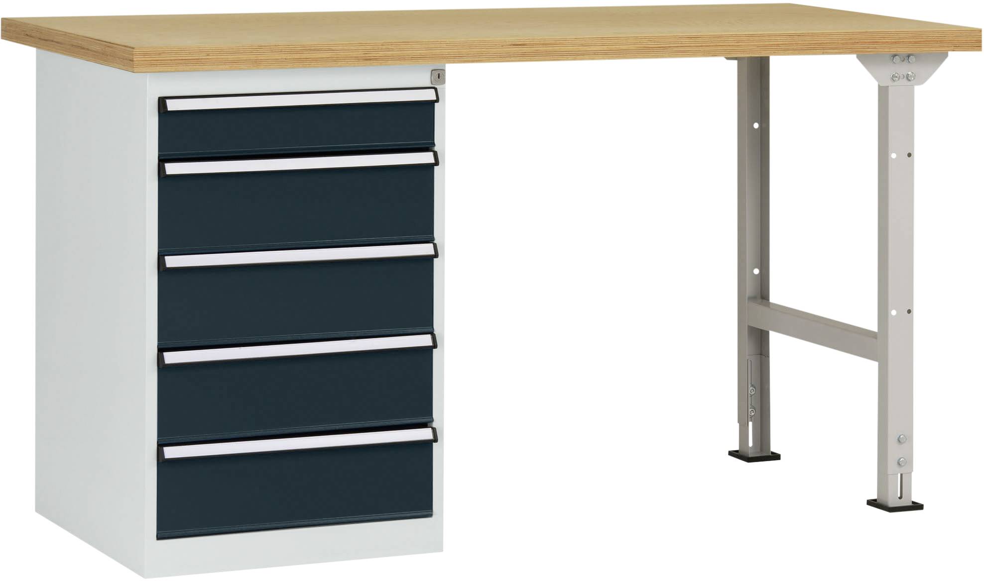 Ein Schreibtisch mit einer Holzplatte und einem Metallgestell. Links befinden sich fünf schwarze Schubladen.