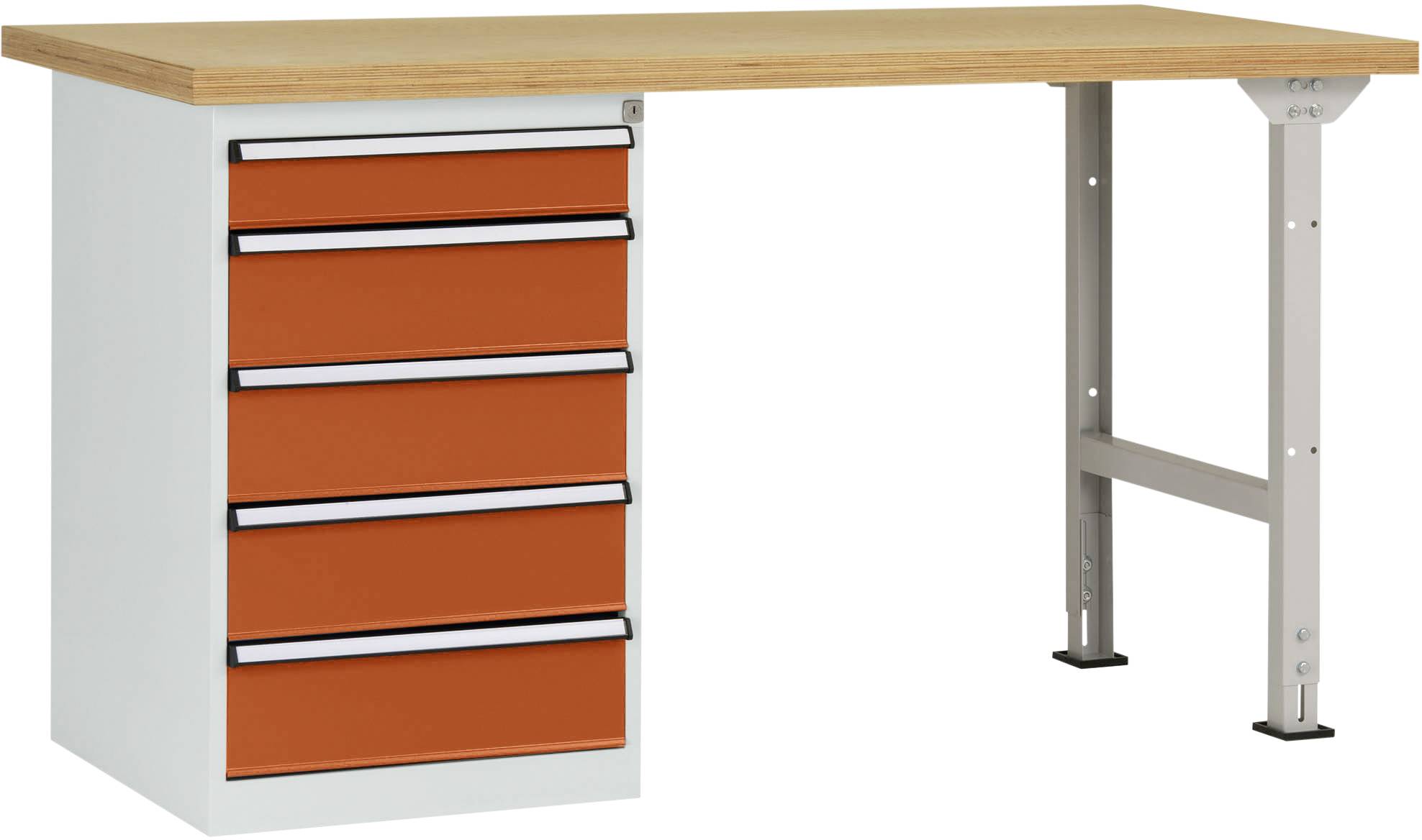 Ein Schreibtisch mit einer Holzplatte und fünf orangefarbenen Schubladen auf der linken Seite, unterstützt von einem Metallbein rechts.
