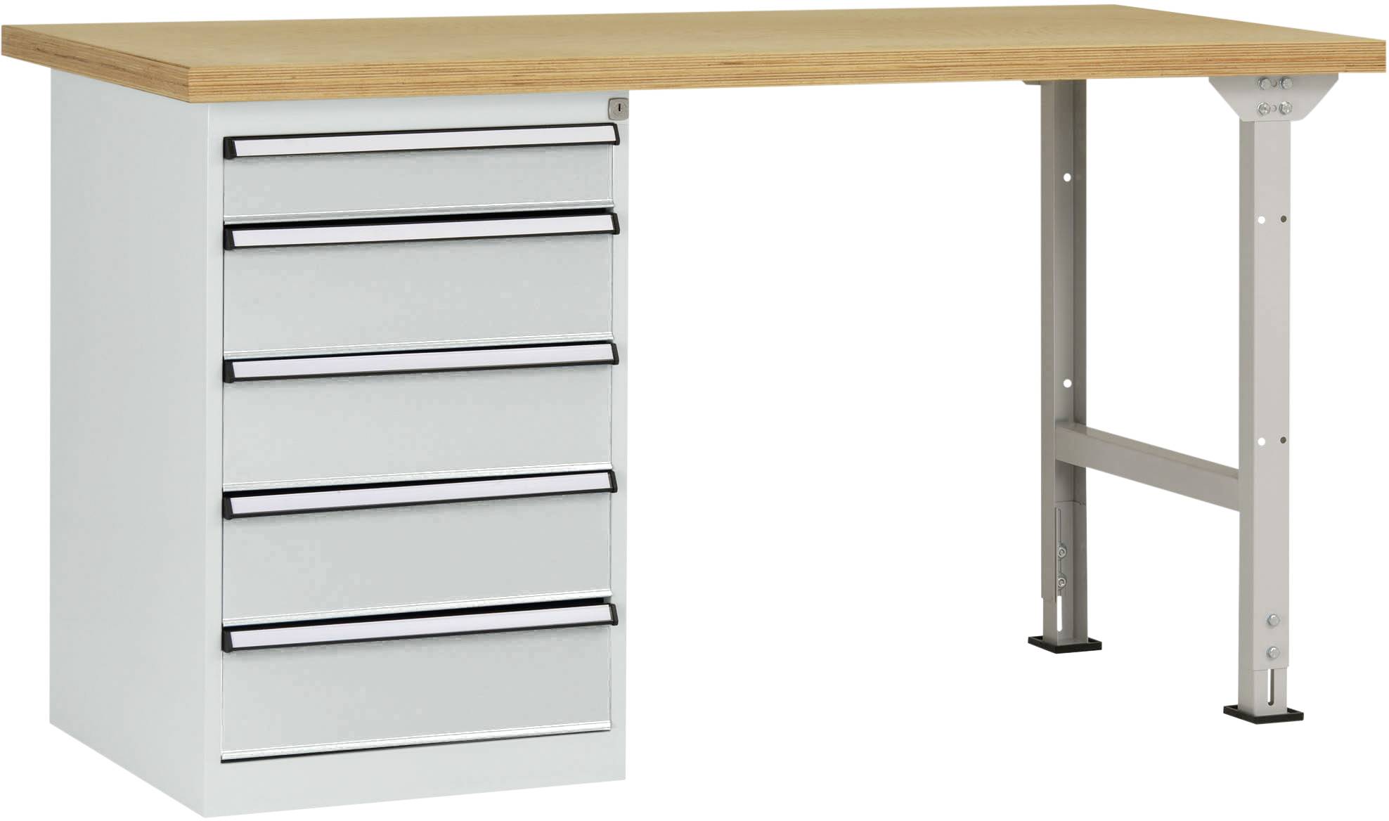 Ein Arbeitstisch mit fünf Metallschubladen auf der linken Seite und eine Holzarbeitsfläche.