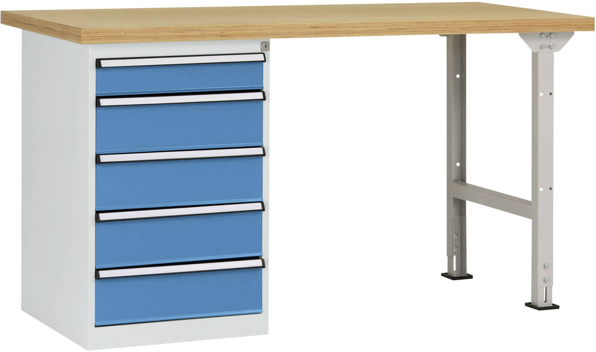 Arbeitstisch mit einer Holzplatte und fünf blauen Schubladen auf der linken Seite, geeignet für Werkstatt- oder Büroarbeiten.