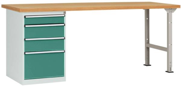Holztisch mit vier grünen Schubladen auf der linken Seite, Metallbeine auf der rechten Seite. Geeignet für Büros oder Arbeitsräume.