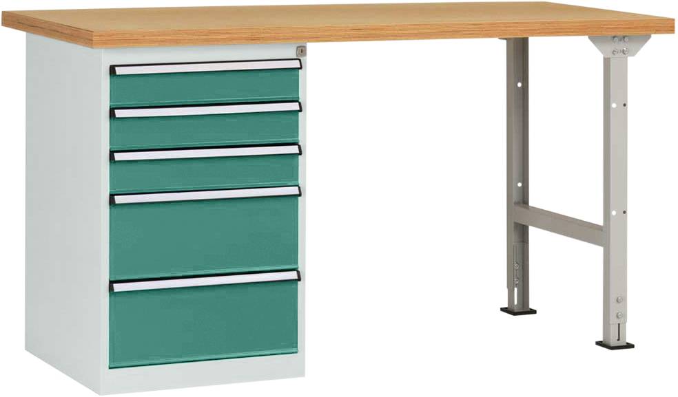 Ein stabiler Tisch mit heller Holzplatte, darunter vier grüne Schubladen auf der linken Seite und ein einzelnes Metallbein rechts.