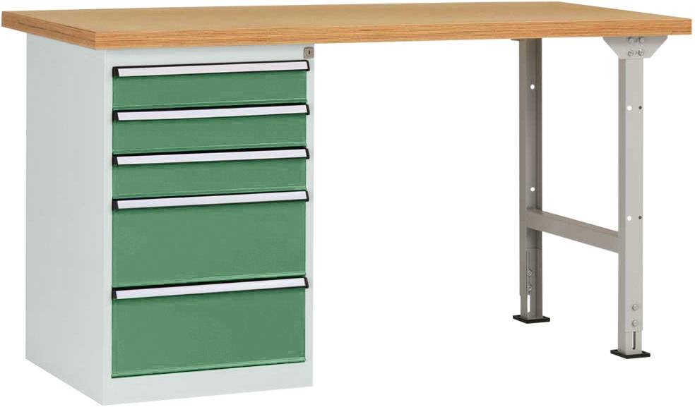 Ein Schreibtisch mit Holzplatte und grünen Schubladen auf der linken Seite, gestützt von einem Metallbein auf der rechten Seite.