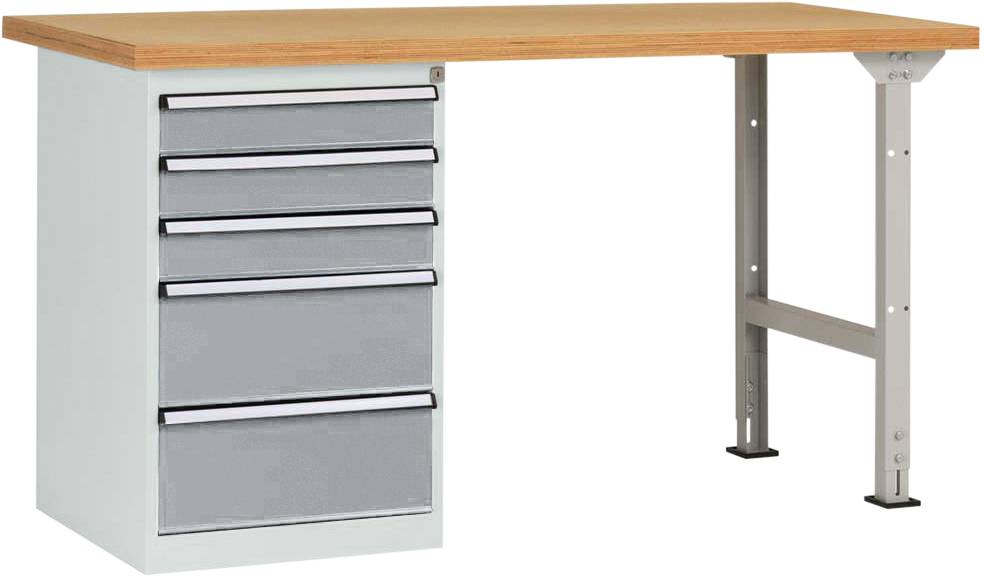 Metalltisch mit vier Schubladen und einer offenen Seite rechts, Holzoberfläche. Geeignet für Werkstatt- oder Büroumgebungen.