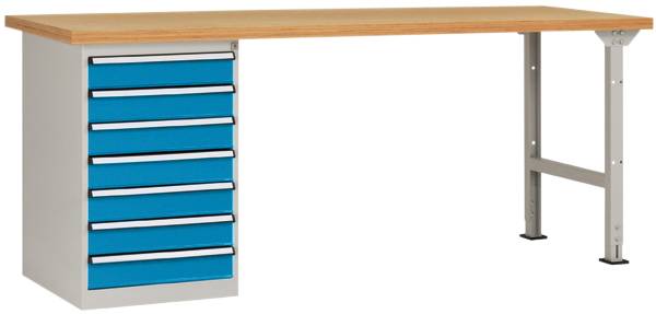 Werkbank mit Holzplatte, blauen Metallschubladen auf der linken Seite und stabilen Tischbeinen rechts. Ideal für Werkstattarbeiten.