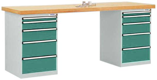 Ein stabiler Arbeitstisch mit grünen Schubladen auf beiden Seiten und einer Holzplatte. Ideal für Werkstätten oder Hobbyräume.