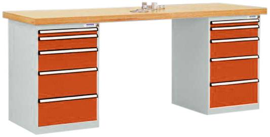Ein Werkbank mit einer Holzplatte und zwei Seitenschränken mit jeweils vier orangefarbenen Schubladen.