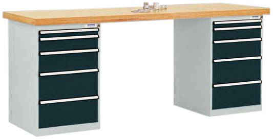 Großer Arbeitstisch mit Holzplatte und zwei Metall-Sockeln mit je vier schwarzen Schubladen, geeignet für Werkstattnutzung.