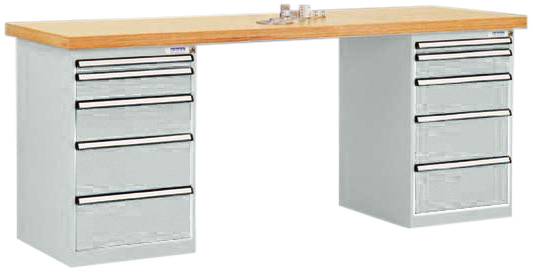 Ein Tisch mit Holzplatte auf zwei Metallgestellen mit jeweils fünf Schubladen. Auf der Holzoberfläche stehen kleine Gegenstände.