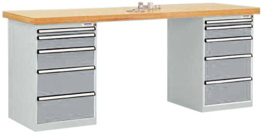 Metallwerkbank mit zwei Schubladenblöcken und Holzplatte.
