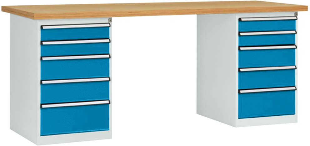 Ein Schreibtisch mit einer Holzoberfläche und zwei blauen Schubladenblocks an beiden Seiten, insgesamt acht Schubladen pro Block.