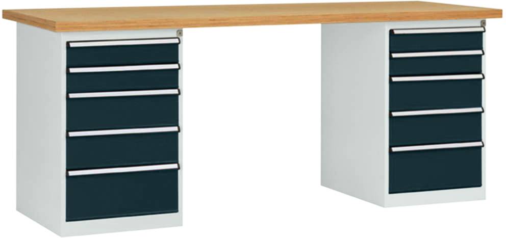 Großer Schreibtisch mit zwei weißen Schubladenschränken auf beiden Seiten und einer Holzplatte. Ideal für Büro- oder Heimarbeitsplatz.