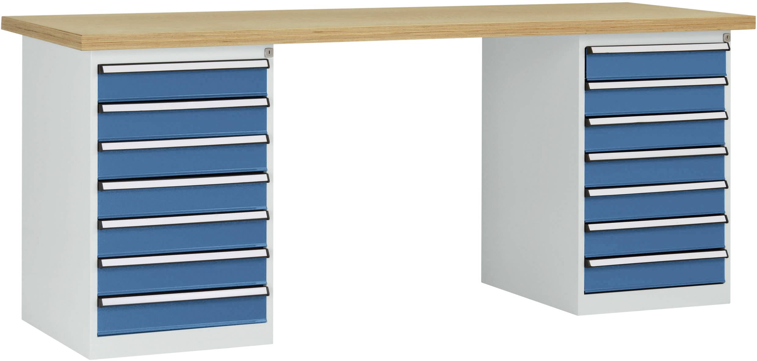 Ein Tisch mit einer hölzernen Platte und zwei blauen Schubladenschränken darunter.