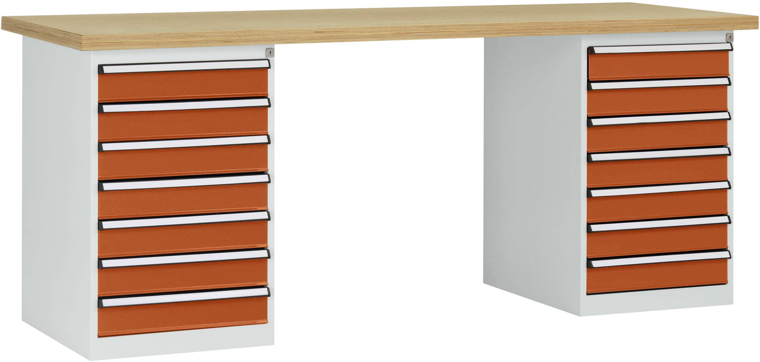 Ein Schreibtisch mit zwei grauen Schubladenblöcken und einer hellbraunen Holzplatte. Jede Schubladenseite hat sechs orangefarbene Schubladen.