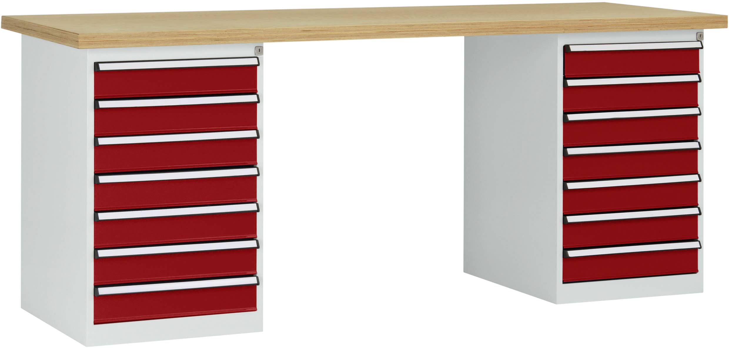 Ein Arbeitstisch mit einer Holzplatte und zwei seitlichen Schränken mit jeweils neun roten Schubladen unter der Tischplatte.