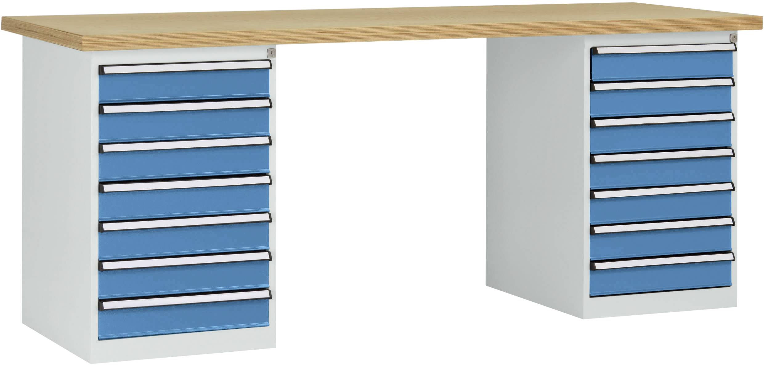 Ein Werkzeugtisch mit einer hölzernen Arbeitsfläche und zwei blauen Schubladeneinheiten an den Seiten für die Organisation.