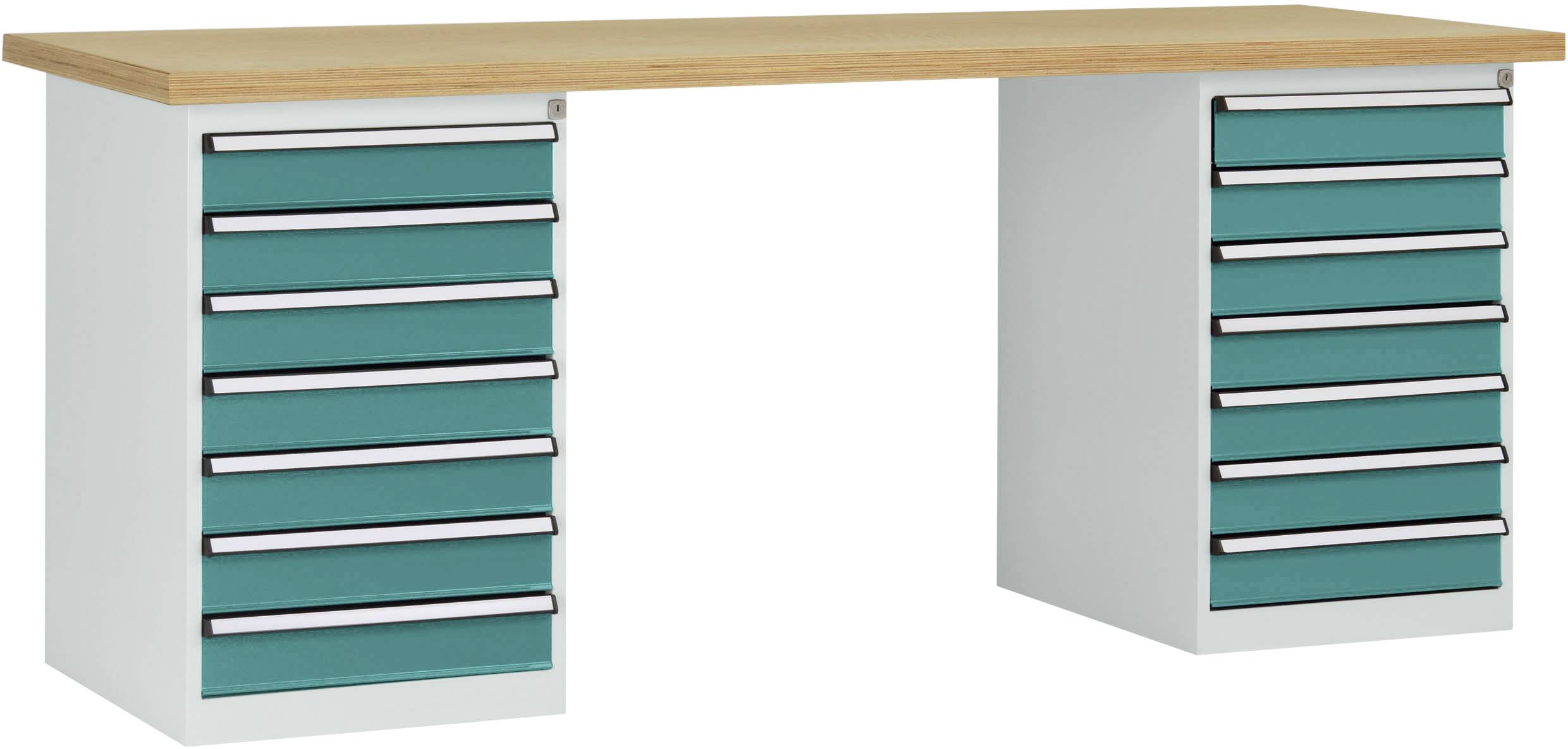 Ein Schreibtisch mit einer Holzplatte und zwei blauen Schubladenschränken auf beiden Seiten.