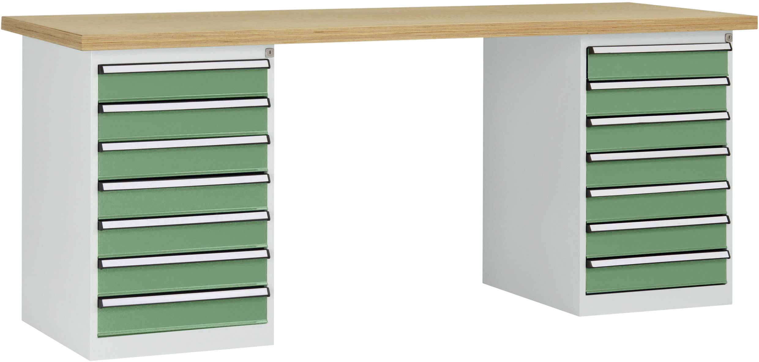 Ein Arbeitstisch mit Holzplatte und zwei seitlichen Schubladenblöcken. Jeder Block hat fünf grüne Schubladen mit Metallgriffen.