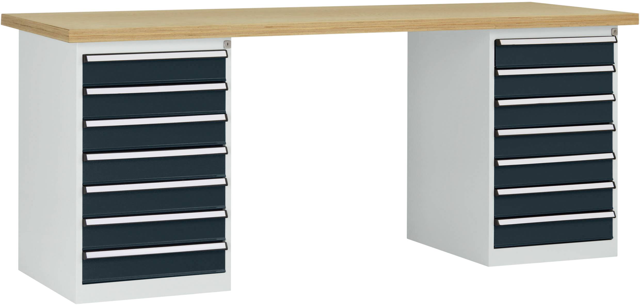 Ein Tisch mit Holztischplatte und zwei Metallseitenschränken, die jeweils fünf Schubladen aufweisen.