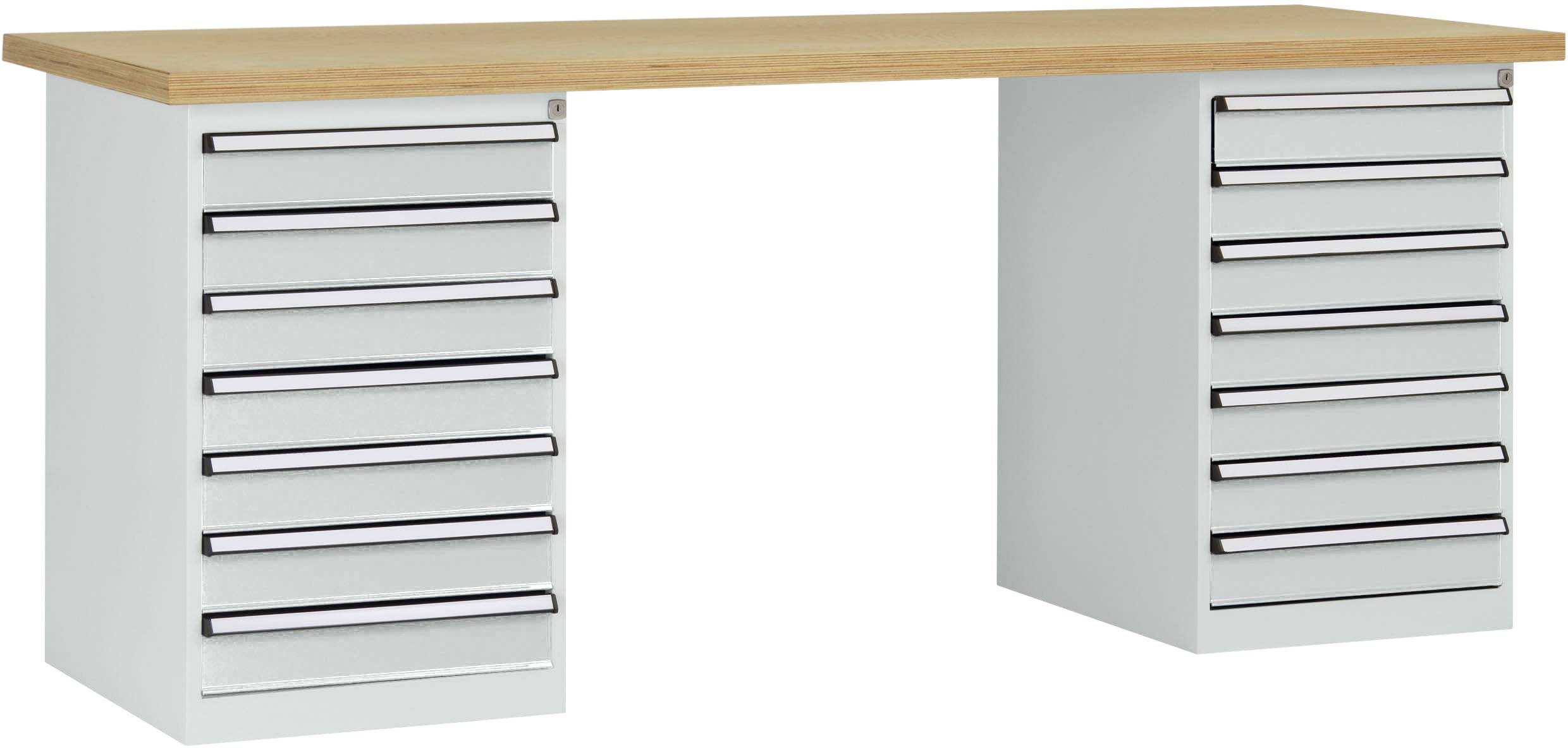 Ein Schreibtisch mit einer Holzplatte und zwei Metallkonsolen, jeweils mit mehreren Schubladen ausgestattet.