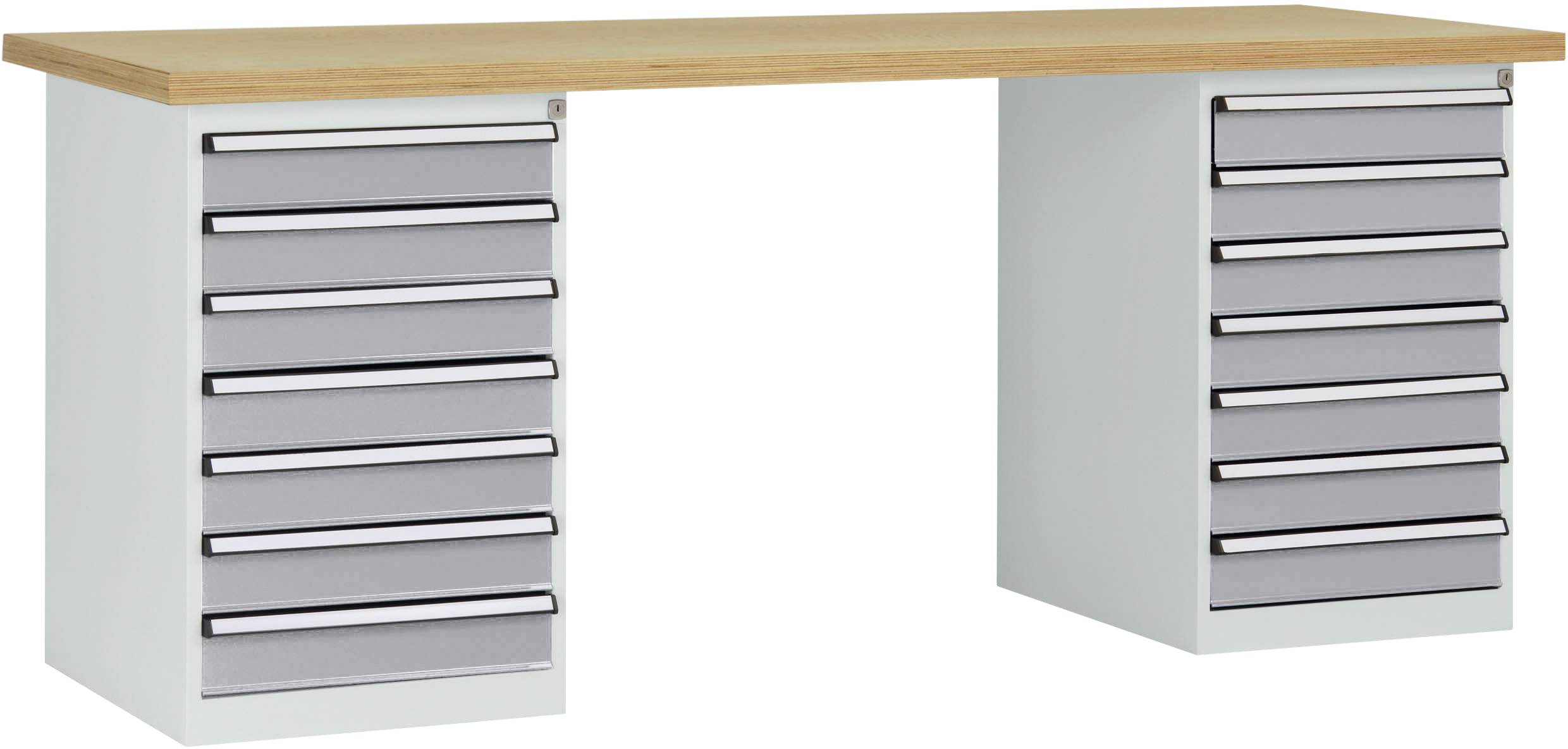 Ein Schreibtisch mit einer Holzplatte und zwei Metallkonsolen mit je fünf grauen Schubladen. Perfekt für Büro- oder Werkstattnutzung.