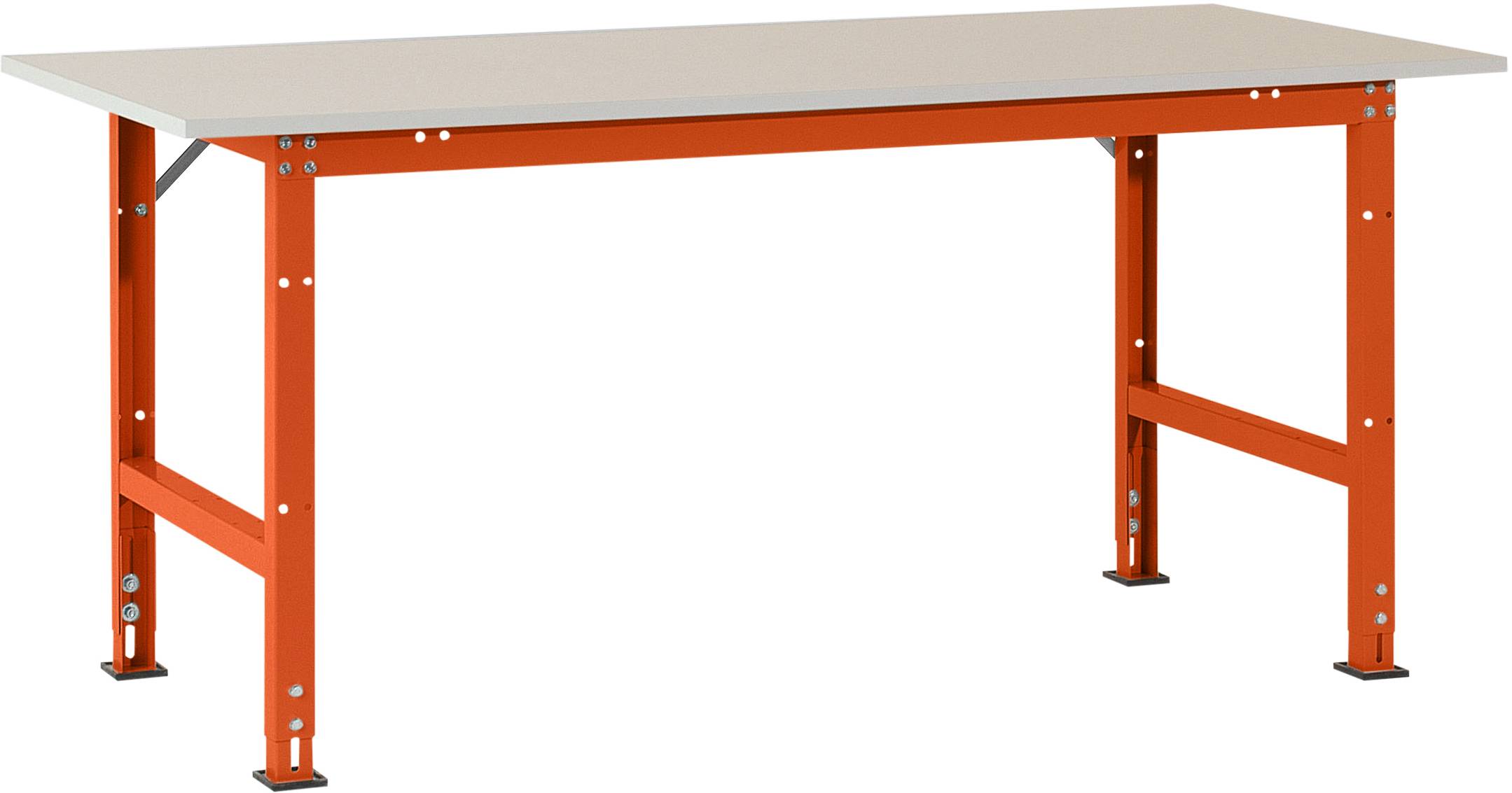 Ein höhenverstellbarer Arbeitstisch mit stabilem, orangefarbenem Metallrahmen und weißer Tischplatte. Geeignet für Werkstattnutzung.