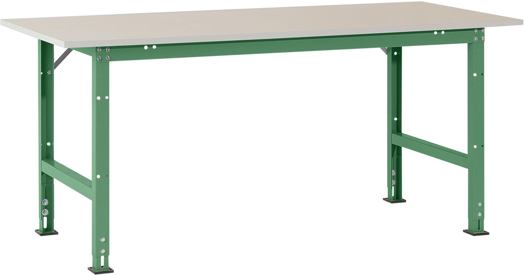 Ein rechteckiger Tisch mit einer grauen Oberfläche und grünen Metallbeinen.