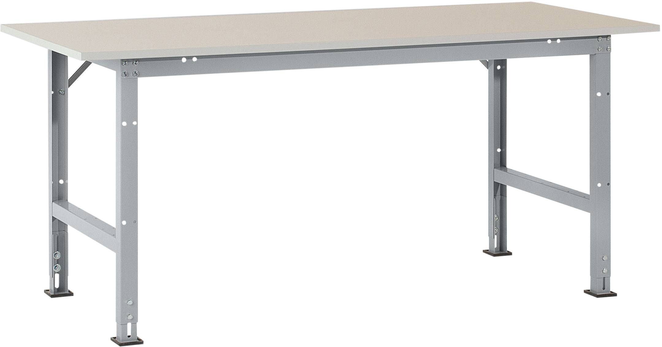 Ein einfacher, rechteckiger Tisch mit grauen Metallbeinen und einer hellen Tischplatte. Ideal für Werkstatt- oder Büroanwendungen.