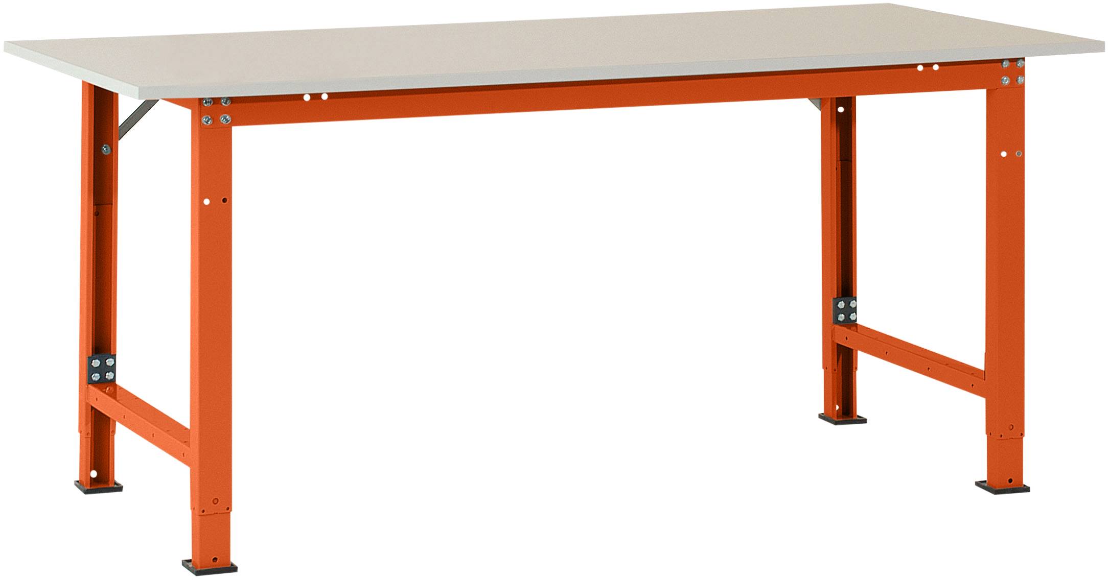 Ein rechteckiger Tisch mit einer hellen Tischplatte und einem stabilen, orangefarbenen Metallgestell.