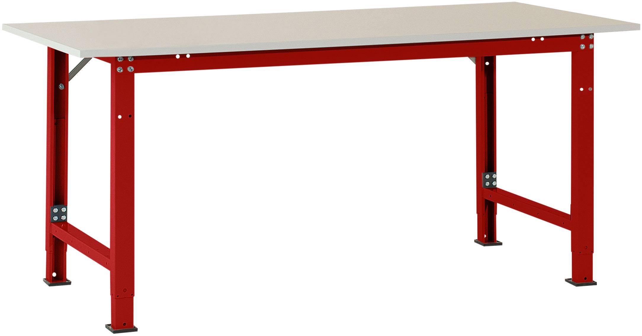 Rechteckiger Tisch mit rotem Metallgestell und heller Tischplatte. Ideal für Arbeitsräume oder Werkstätten.