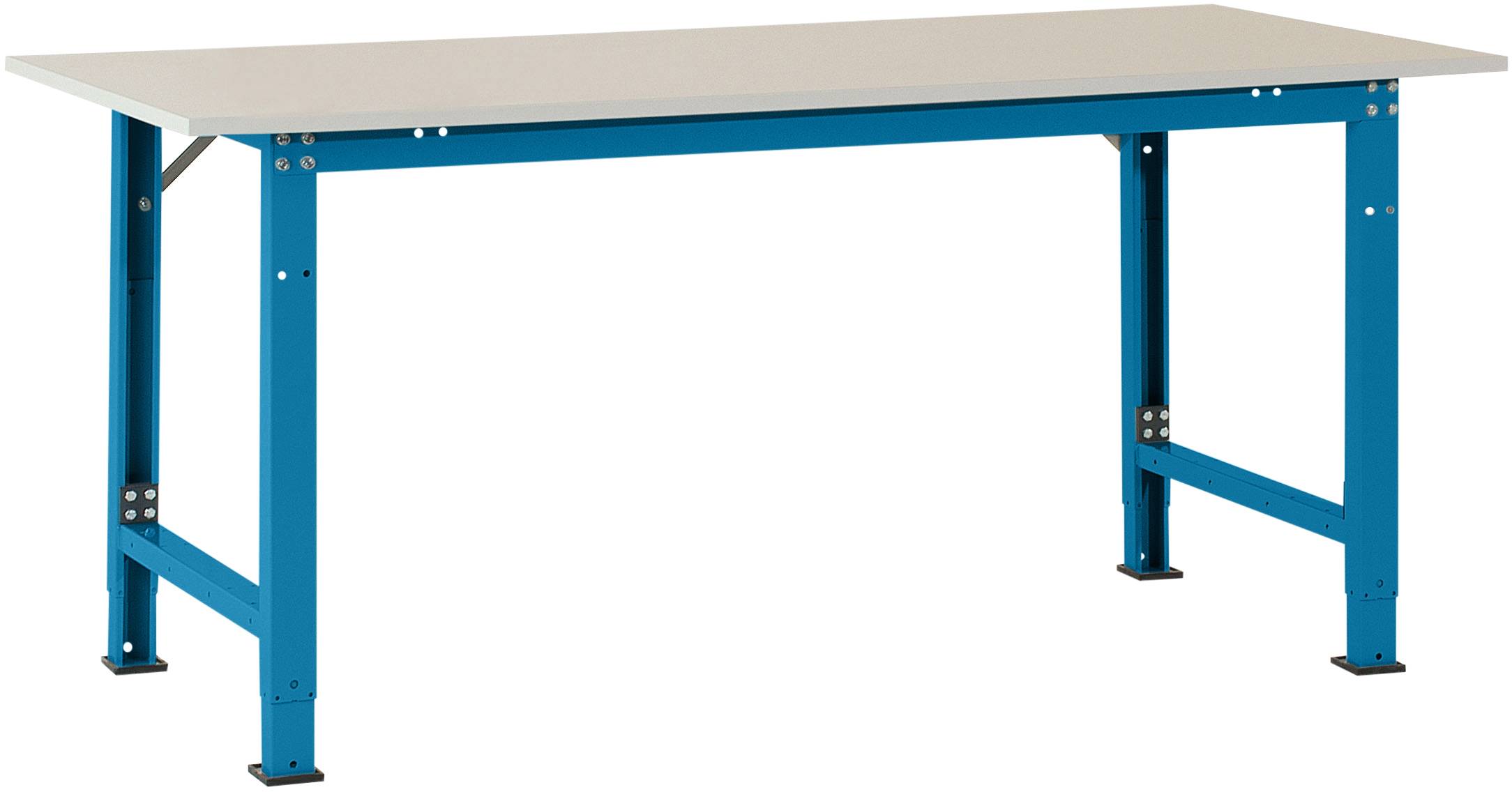 Ein rechteckiger Tisch mit blauer Metallstruktur und hellem Tischblatt.
