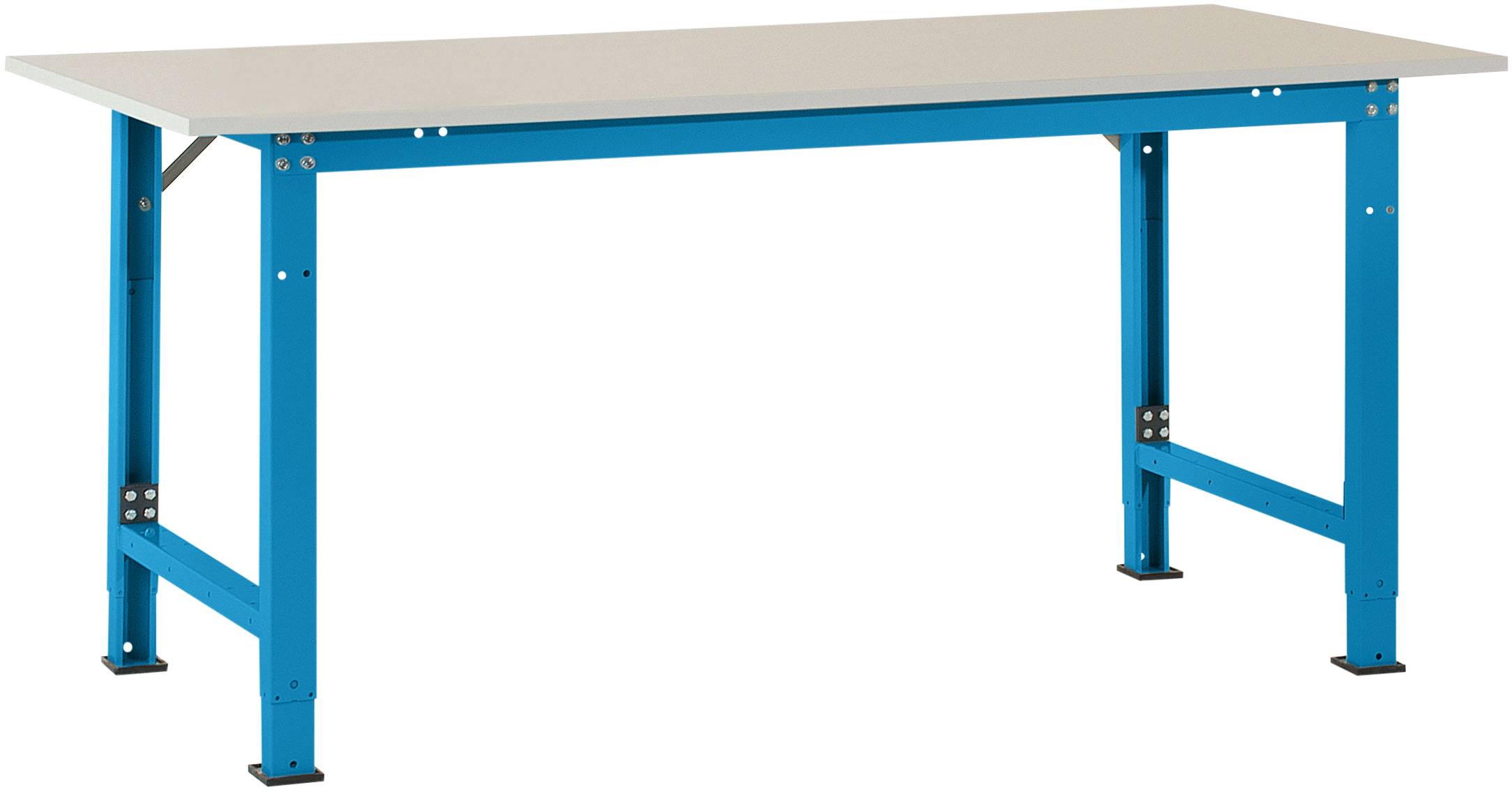 Ein stabiler Arbeitstisch mit blauem Stahlgestell und grauer Tischplatte.
